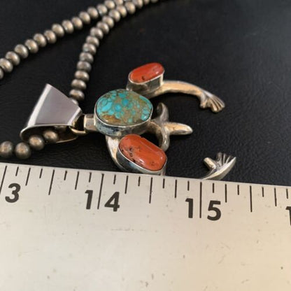 Navajo Pearl Necklace with Royston Turquoise & Coral Naja Pendant | Sterling Silver | 13644