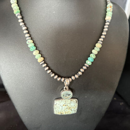 Navajo Pearls Necklace with Wild Horse Turquoise Pendant | Sterling Silver | Authentic Native American Handmade | 13906