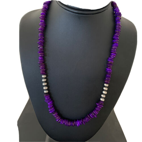 Navajo Pearls Purple Mother of Pearl Necklace | Sterling Silver | Authentic Native American Handmade | 20" | 01151
