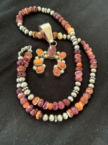 Navajo Purple Spiny Oyster Necklace Naja Pendant Set | Sterling Silver | Authentic Native American Handmade | 244