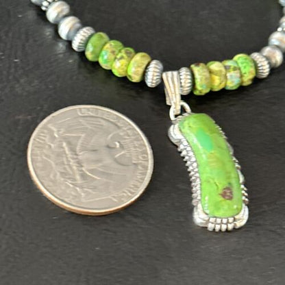 Navajo Green Turquoise Pendant Necklace | Sterling Silver | 22" | Authentic Native American Handmade | 14614 - Masha USA