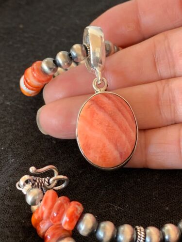 Navajo Red Spiny Oyster Pendant Necklace | Sterling Silver | Authentic Native American Handmade | 8820
