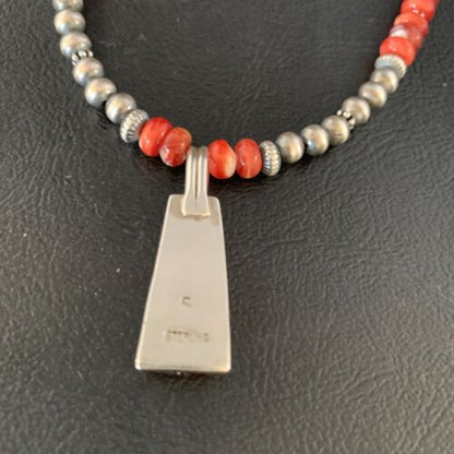 Navajo Pearls Red Spiny Oyster Sterling Necklace | Inlay Pendant | 20" | Native American Jewelry | 13652