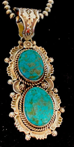 Men's Sterling Silver Navajo Pearls Necklace | Blue Turquoise Pendant | Multi-Stone | Authentic Native American Handmade | 152