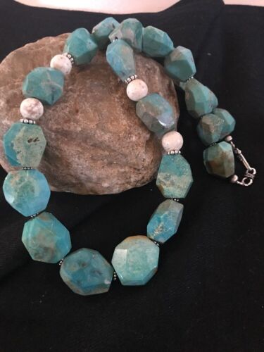 Chunky Turquoise Men's Necklace | Sterling Silver Faceted | Southwestern Navajo | 21" |  8140