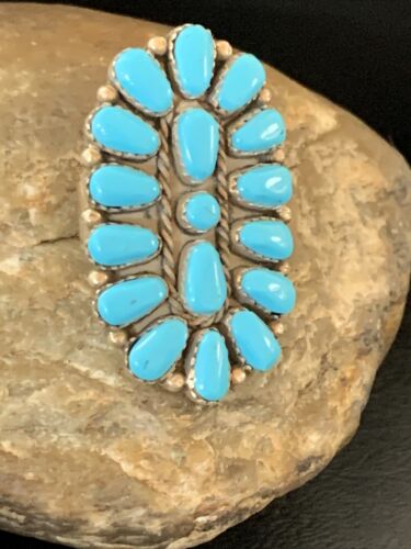 Navajo Kingman Turquoise Cluster Ring | Authentic Native American Sterling Silver | Multi-Stone | Sz 8 | 13856