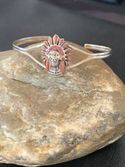 Native American Indian Head Coral Cuff Bracelet | Sterling Silver | Authentic Handmade | 1691