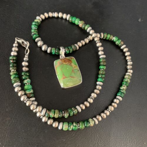 Navajo Green Mojave Turquoise Pendant Necklace | Sterling Silver | Native American Handmade | 13468