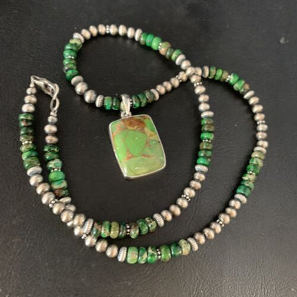 Navajo Green Mojave Turquoise Pendant Necklace | Sterling Silver | Native American Handmade | 13468