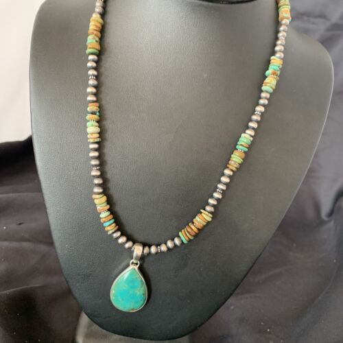 Navajo Royston Bead Green Turquoise Necklace Pendant | Sterling Silver | Authentic Native American Handmade | 11868