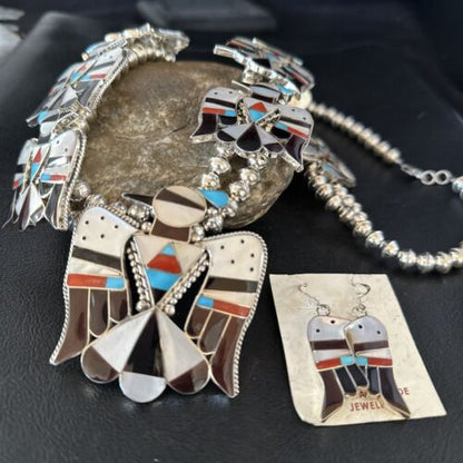 Zuni Thunderbird Turquoise Mother of Pearl Sterling Squash Blossom Necklace | Native American | 14442