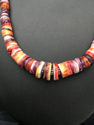 Orange Purple Spiny Oyster Necklace | Navajo Sterling Silver | Authentic Native American Jewelry | 20"