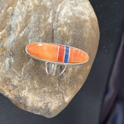 Navajo Red Spiny Oyster Lapis Inlay Ring | Sterling Silver | Sz 5 | Authentic Native American Handmade | 11584