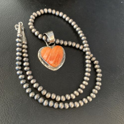 Navajo Orange Heart Spiny Oyster Pendant | Sterling Silver Necklace | Authentic Native American Handmade | 13949