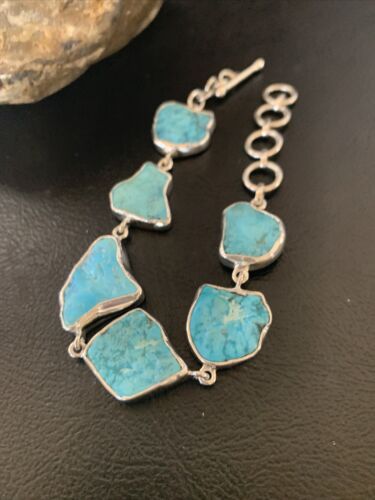 Navajo Blue Kingman Turquoise Rough Link Bracelet | Sterling Silver | 8" | 11651