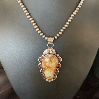 Men's Navajo Green Boulder Turquoise Pendant Necklace | Sterling Silver | Authentic Native American Handmade | 13661