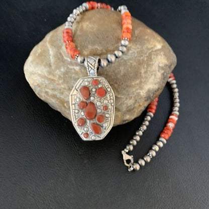 Navajo Red Coral & Spiny Oyster Necklace | Sterling Silver Bead | Authentic Native American Handmade | 13735