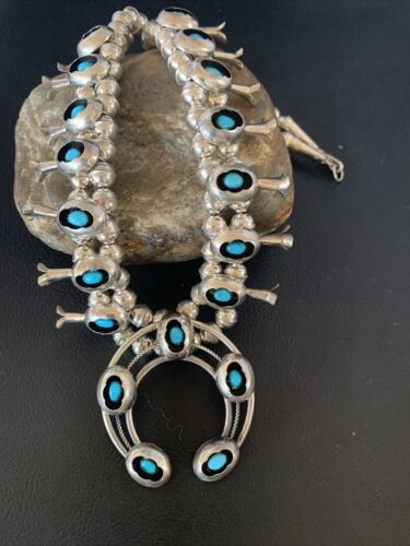 Navajo Kingman Turquoise Shadowbox Squash Blossom Necklace | Sterling Silver | Authentic Native American Handmade | 13108