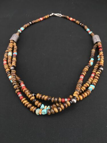 Navajo Multi-Color 3 Strand Necklace | Tiger's Eye & Turquoise | Sterling Silver | 4896