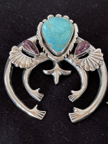Navajo Sterling Silver Naja Pendant | Turquoise & Spiny Oyster | Authentic Native American Handmade | 01059