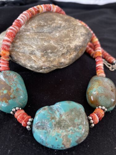 Chunky Turquoise Navajo Pearls | Sterling Silver | Red Spiny Oyster | 22" | Necklace 1239