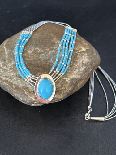 Navajo Liquid Silver Heishi 5-Strand Necklace | Turquoise Pendant | Sterling Silver | 14821