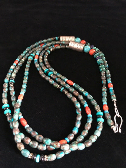 Navajo Blue Spiderweb Turquoise Coral Necklace | Sterling Silver | 3-Strand 29" | 1722