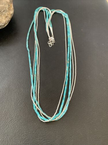 Navajo Turquoise Tube Beads | Liquid Silver Heishi | 5-Strand Sterling Silver Necklace 21" | 2178