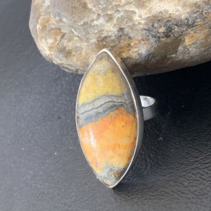 Navajo Bumble Bee Jasper Ring | Sterling Silver | Sz 8 Adjustable | Authentic Native American Handmade | 11537