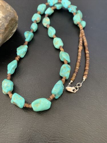 Navajo Pearls Nugget Blue Turquoise Necklace | Sterling Silver Shell | 26" | Authentic Native American Handmade | 12541
