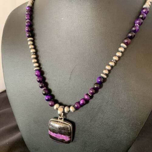 Navajo Pearls Purple Sugilite Onyx Necklace Pendant | Sterling Silver | Authentic Native American Handmade | 13396