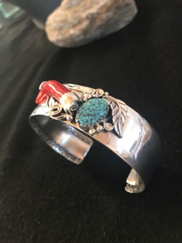 Navajo Spider Web Turquoise Coral Bracelet | Sterling Silver | Authentic Native American Handmade | 11716