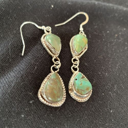 Navajo Green Royston Turquoise Dangle Earrings | Sterling Silver | Authentic Native American Handmade | 1498