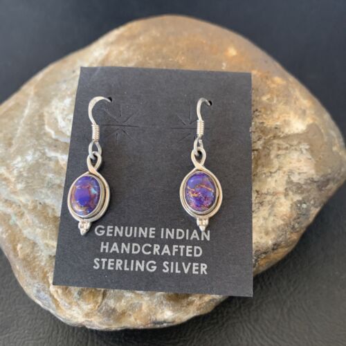 Navajo Purple Turquoise Dangle Inlay Earrings | Sterling Silver | Authentic Native American Handmade | 12683