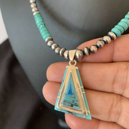 Authentic Native American Navajo Sterling Silver Pendant | Blue Turquoise & Opal Inlay Necklace | 11475