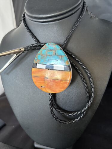 Men's Santo Domingo Bolo Tie | Turquoise & Spiny Oyster | Sterling Silver Tips | 14631