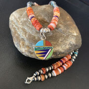 Multi-Color Turquoise & Spiny Oyster Inlay Necklace Pendant | Navajo Sterling Silver | Authentic Native American Handmade | 12721
