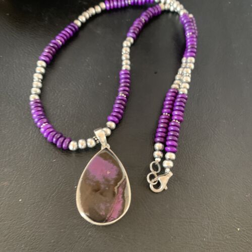 Women's Navajo Pearls Purple Sugilite Necklace Pendant | Sterling Silver | Authentic Native American Handmade | 13302