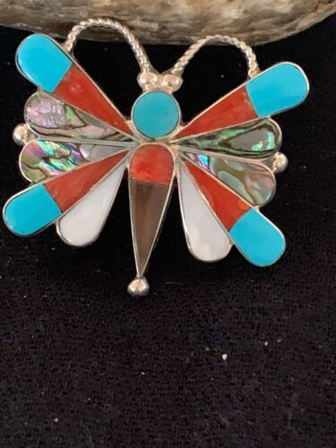 Zuni Butterfly Pin Pendant | Turquoise & Mother of Pearl | Sterling Silver | Authentic Native American Handmade | 4695 - Masha USA
