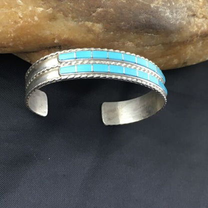 Navajo Blue Turquoise Inlay Cuff Bracelet | Sterling Silver | Authentic Native American Handmade | 1974
