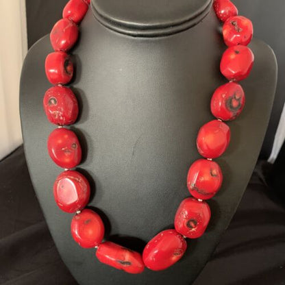 Navajo Red Coral Bead Necklace | Sterling Silver | 22" | Authentic Native American Handmade | 13406 - Masha USA
