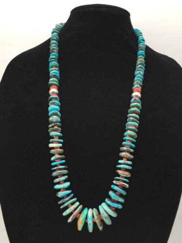 Navajo Turquoise & Spiny Oyster Graduated Necklace | Sterling Silver | Authentic Native American | 29" | 4362