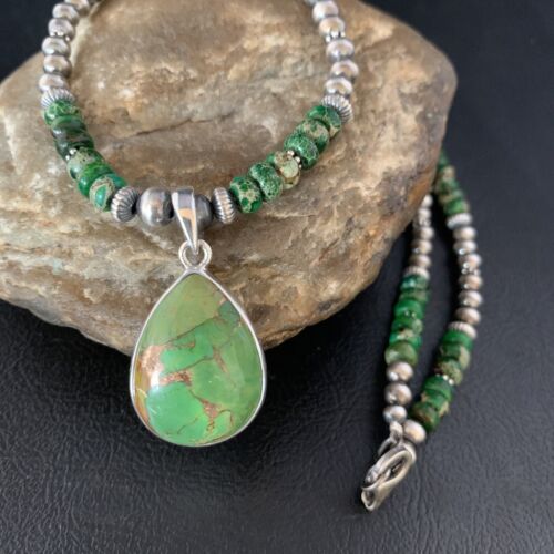 Navajo Green Mojave Turquoise Pendant Necklace | Sterling Silver | Native American Handmade | 13466