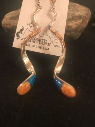 Navajo Snake Swirl Spiny Opal Inlay Sterling Silver Earrings | Long 3.25" Dangle | Southwestern Native American | 1059