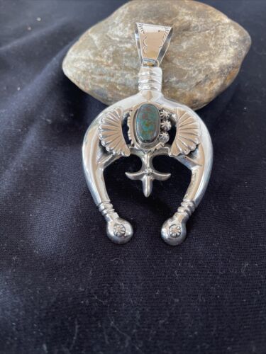 Navajo Pearls Sterling Silver Bisbee Turquoise Naja Pendant Necklace | Authentic Native American Handmade | 01058