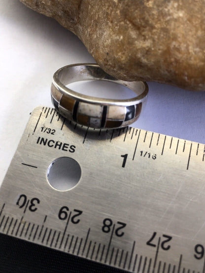 Navajo Sterling Silver Onyx, Coffee Tiger's Eye & Jasper Inlay Ring | Sz 14 | Authentic Native American Handmade | 1709