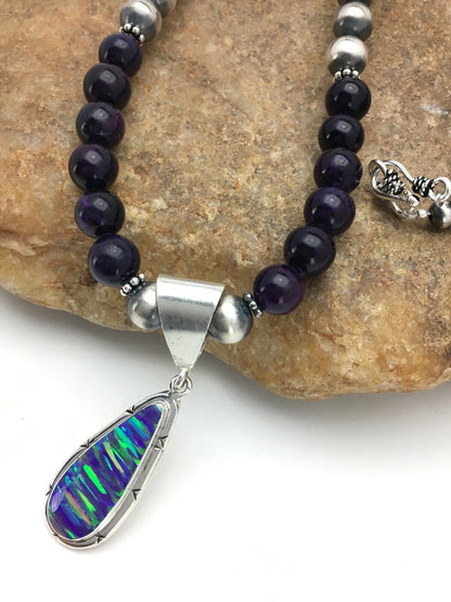 Navajo Purple Sugilite Necklace with Opal Pendant | Sterling Silver | 23" | Authentic Native American Handmade | 2794