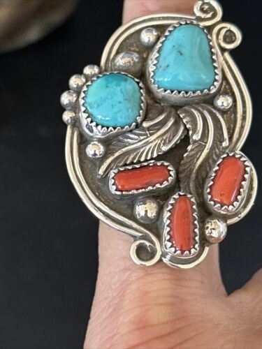 Navajo Blue Kingman Turquoise Coral Ring | Authentic Native American Sterling Silver | Multi-Stone | Sz 9.5 | 14499