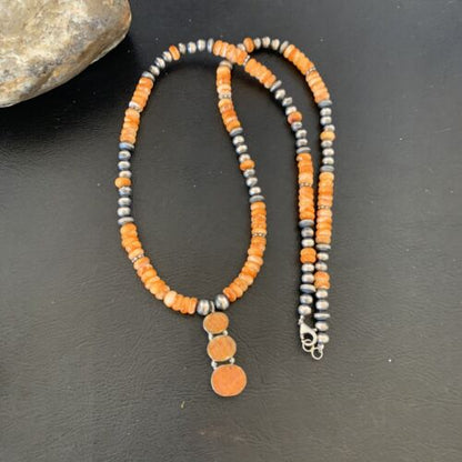 Navajo Pearls Necklace with Orange Spiny Oyster Pendant | Authentic Native American Sterling Silver | Multi-Stone | 12370