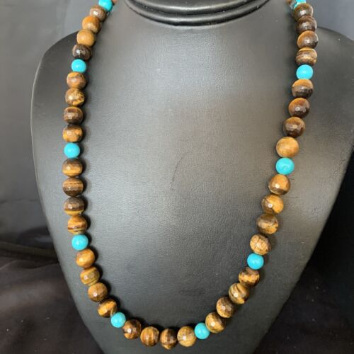 Navajo | Sterling Silver Necklace | Brown Tiger's Eye & Blue Turquoise | 20" | Authentic Native American Handmade | 13895